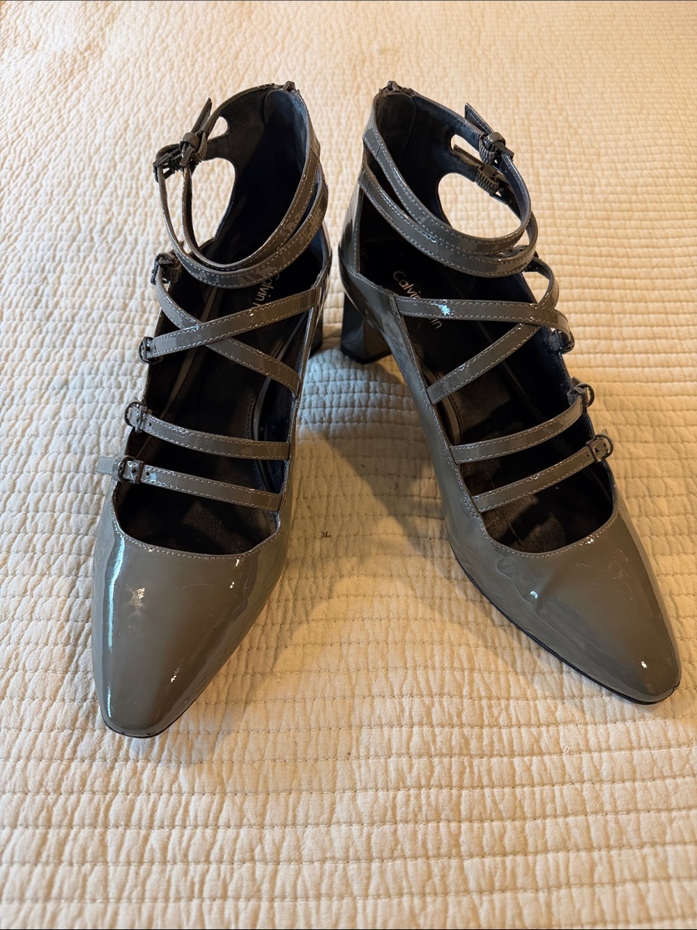 Calvin Klein Gray Patent Pointed-Strap Block Heel Pumps